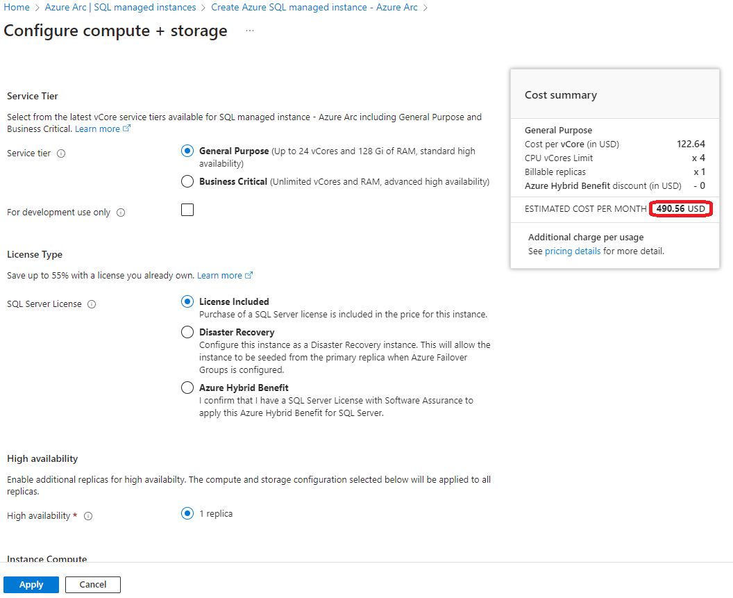 SQLmi Cost Selection